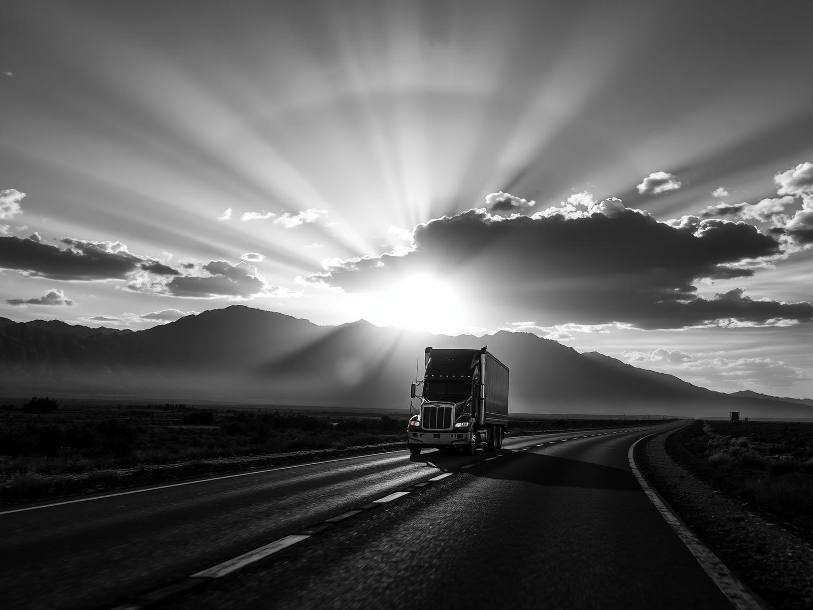 Semi-truck on an open highway at sunrise with mountains in the distance